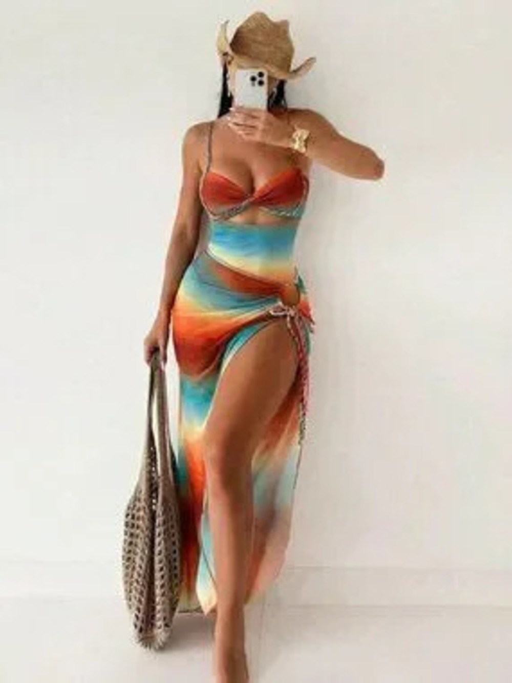 Multicolor Boho Women's Rope Strap one piece swimsuit with matching coverup